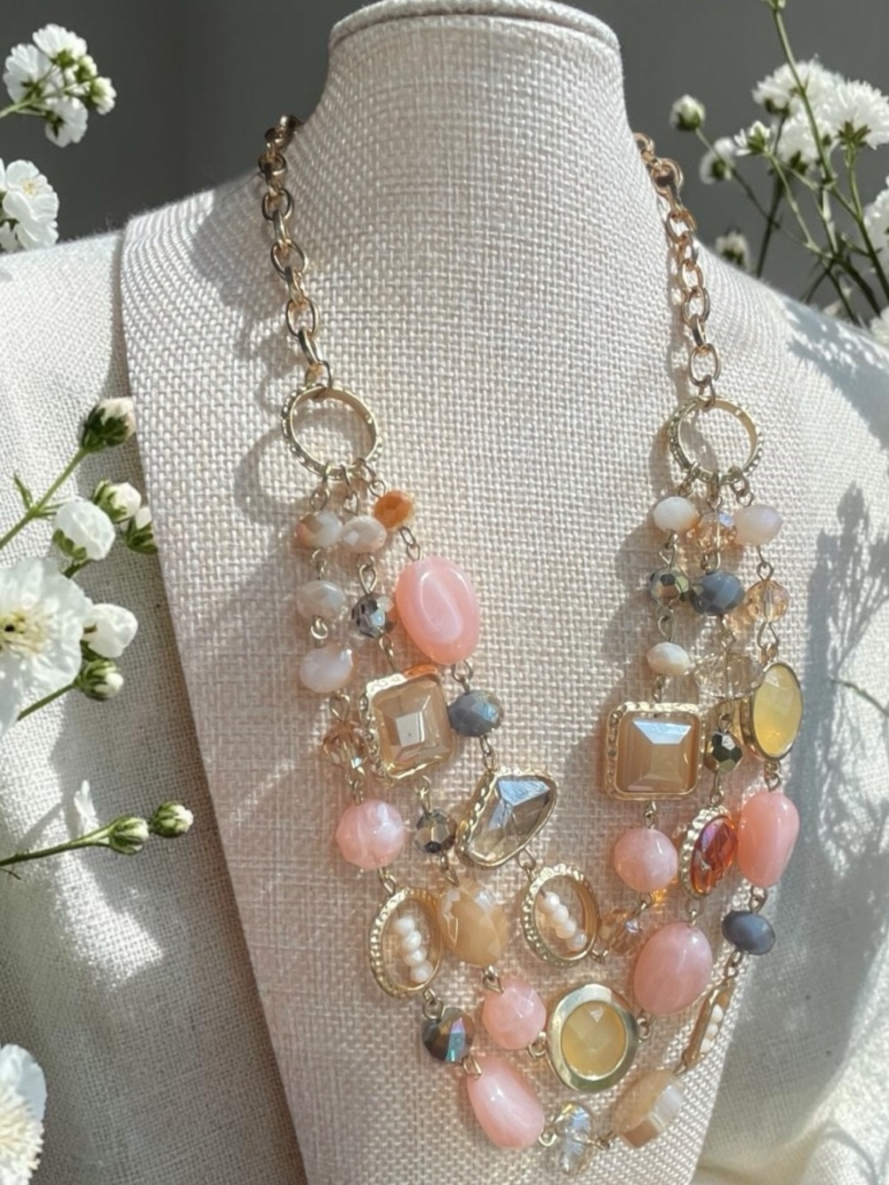 Aurora Borealis Crystal Statement Necklace Pink Champagne Gold Tone